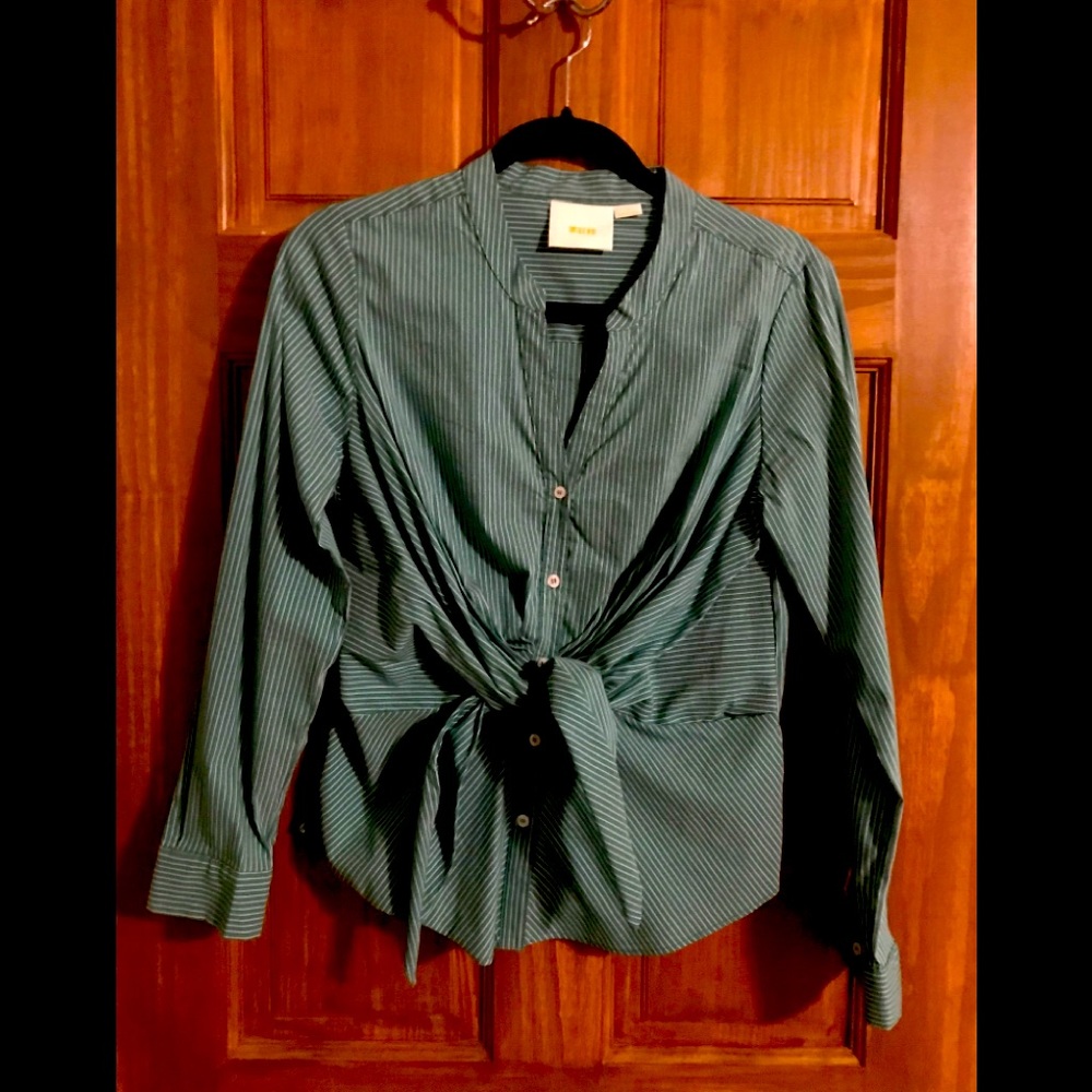 Maeve tie front shirt, green and white.